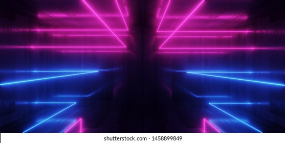 Spaceship Neon Glowing Lights Laser Shapes Beam Purple Blue Vibrant Retro Modern Futuristic Sci Fi Night Club Scene Tunnel Corridor Hall Garage Grunge Concrete Reflective Background 3D Rendering 