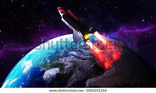 Spaceship in the outer space on orbit of Earth planet.\
Space shuttle in sky with clouds. Continents and oceans. 3D\
Rendering. 