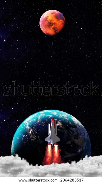 Spaceship in the outer space on orbit of Earth planet.\
Space shuttle in sky with clouds. Continents and oceans. 3D\
Rendering. 