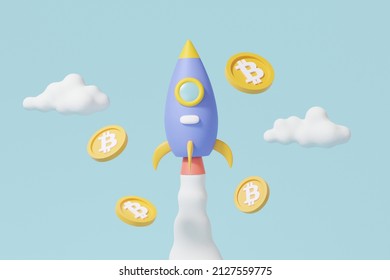 Spaceship rocket to the moon Bitcoin cryptocurrency trading flying crypto growth target Stock exchange business finance investment. trader concept. 3d render illustration