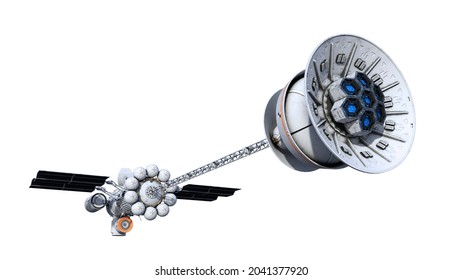 Raumschiff mit Solarpaneelen, außerirdisches UFO-Raumfahrzeug einzeln auf weißem Hintergrund, Rückansicht, 3D-Darstellung