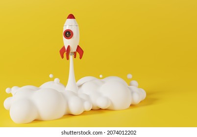 Spaceship startup rocket in the yellow background. Successful launch concept of business. Rocket launching from ground. 3D rendering