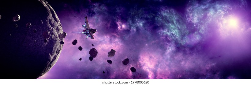 Spaceship traveling between exoplanets of other galaxies. Asteroid and debris in the space. Asteroid rings around a planet. Big star in the background. 3d render
