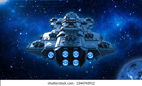 Raumschiff, das in den Tiefen des Weltraums reist, außerirdisches UFO-Raumschiff, das mit Planeten und Sternen im Universum fliegt, Rückansicht, 3D-Darstellung