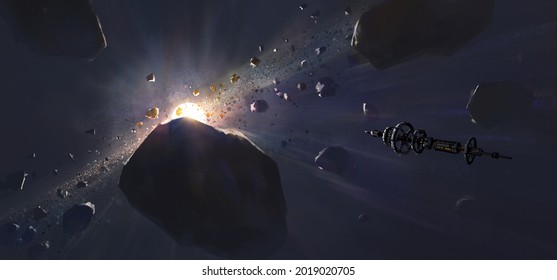 The Spaceship Travels Through The Chaotic Meteorite Array, 3D Illustration.