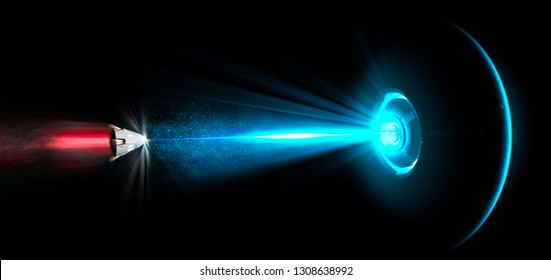 Spaceship, UFO, Tractor Beam. Spatial Module Struck By A Laser Beam. Ray Of Light. Repulsive Ray. Galactic Battles. Science Fiction. 3d Rendering