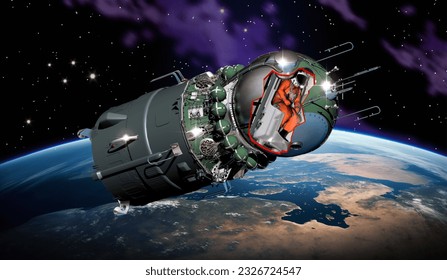 Spaceship Vostok 1 cutaway at the Earth orbit. 3d rendering background. 3D illustration. 3D Illustration