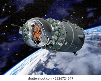 Spaceship  Vostok1 cutaway at the Earth orbit. 3d rendering background. 3D illustration. 3D Illustration