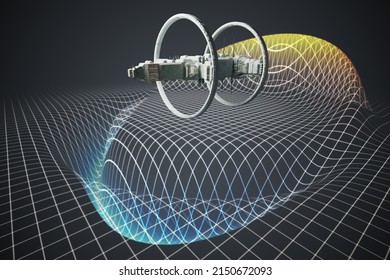 Spaceship With Warp Drive In Curved Hyper Space. 3D Rendered Illustration.