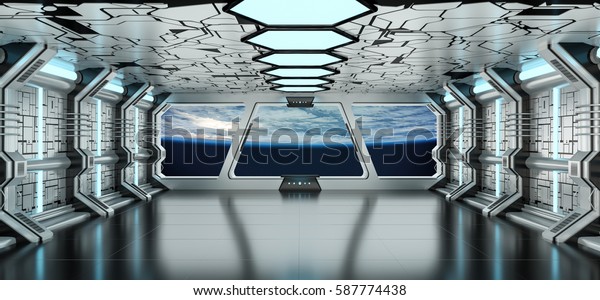 宇宙と惑星を見た宇宙船の白と青の内部宇宙船 この画像の3dレンダリングエレメントをnasaが提供 のイラスト素材