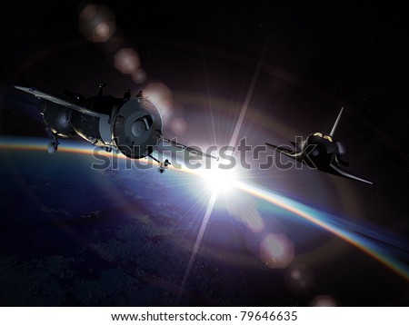 Spaceships Soyuz and Space shuttle on the orbit Stock photo © 