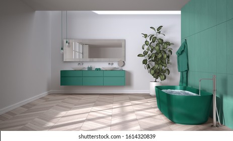 Spacious Bathroom In Turquoise Tones With Herringbone Parquet Floor, Close-up, Freestanding Tub, Double Sink With Towels And Bottles, Mirror, Potted Plant, Minimalist Interior Design, 3d Illustration