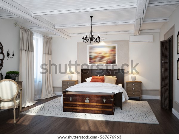 Spacious Bedroom Mediterranean Style Bright Room Stock