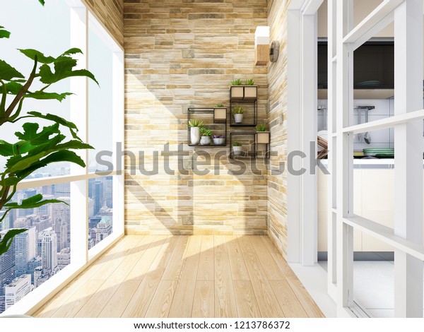 Spacious Bright Balcony Solid Wood Floors Stock Illustration