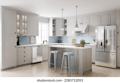 Spacious bright kitchen with a blue splashback and metallic blue bar stools. 3d rendering. Kitchen with large fridge hood and island.