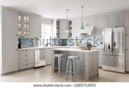 Spacious bright kitchen with a blue splashback and metallic blue bar stools. 3d rendering. Kitchen with large fridge hood and island.