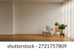 Spacious and bright minimalist interior featuring a single accent chair and wooden side table in the calming cloud dancer 2026 color scheme- 3D rendering