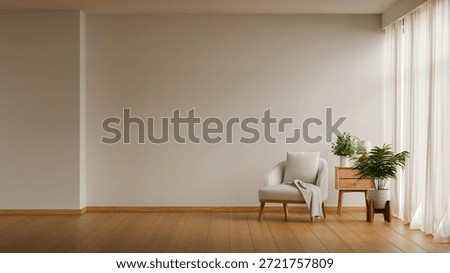 Spacious and bright minimalist interior featuring a single accent chair and wooden side table in the calming cloud dancer 2026 color scheme- 3D rendering