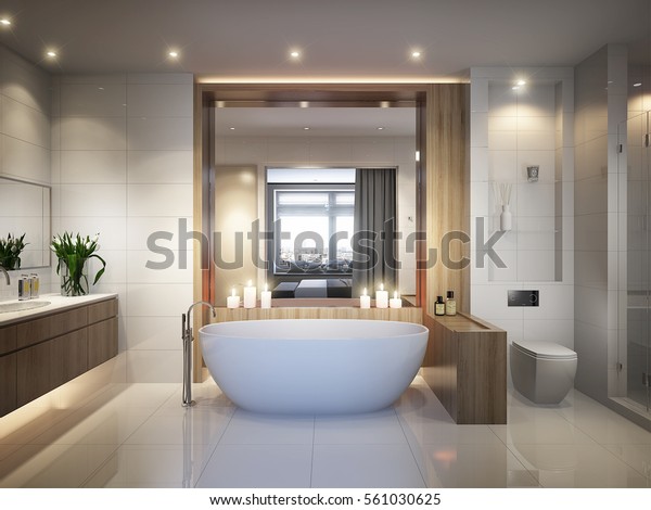 Super Ruime en lichte moderne badkamer met stockillustratie 561030625 HP-26