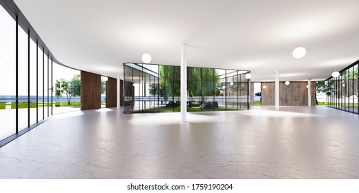 Spacious bright spatial rooms with lots of greenery behind the glass. Public premises for office, gallery, exhibition. 3D rendering.