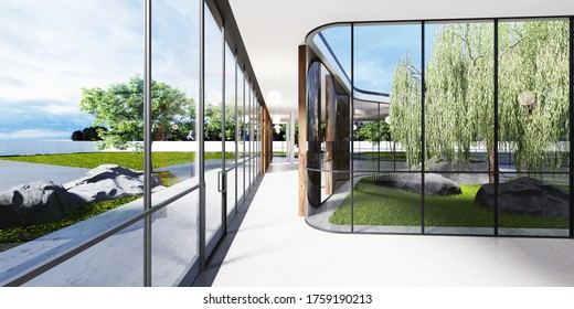 Spacious bright spatial rooms with lots of greenery behind the glass. Public premises for office, gallery, exhibition. 3D rendering.
