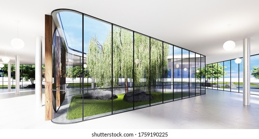 Spacious Bright Spatial Rooms With Lots Of Greenery Behind The Glass. Public Premises For Office, Gallery, Exhibition. 3D Rendering.