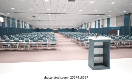 A spacious conference hall with rows of chairs and a podium, set up for a large meeting or seminar. 3d render - Powered by Shutterstock