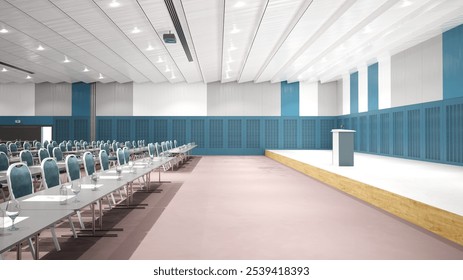 A spacious conference hall with rows of chairs and a podium, set up for a large meeting or seminar. 3d render - Powered by Shutterstock