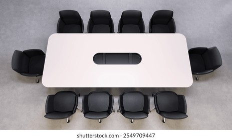 spacious conference table is centrally placed in a minimalist office with black chairs arranged around it. This setup is ideal for team meetings and collaborative discussions. 3d render - Powered by Shutterstock