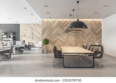 Spacious coworking office with wooden conference table, wall and light grey furniture. Eco style interior. 3D rendering