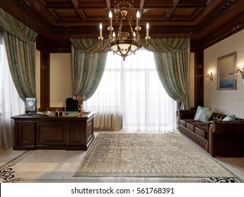 Spacious Dark Wood Home Office In Classical Style With Large Library And Sofa. 3d Render