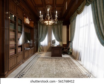 Spacious Dark Wood Home Office In Classical Style With Large Library And Sofa. 3d Render