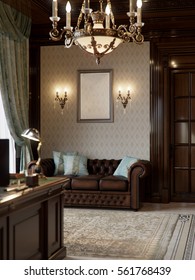 Spacious Dark Wood Home Office In Classical Style With Large Library And Sofa. 3d Render