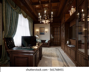 Spacious Dark Wood Home Office In Classical Style With Large Library And Sofa. 3d Render