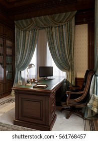 Spacious Dark Wood Home Office In Classical Style With Large Library And Sofa. 3d Render