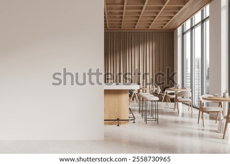 Spacious dining area with blank wall, wooden bar, stools, and tables near large windows, featuring warm beige tones. Template concept. 3D Rendering.