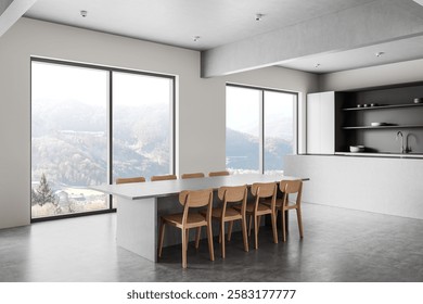 Spacious dining area with a large table, wooden chairs, a minimalist kitchen backdrop, and panoramic windows showcasing scenic mountain views. Concept of contemporary interior. 3D Rendering.