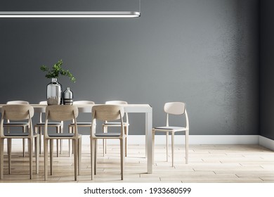 Spacious Eco Style Dining Room With Wooden Table, Chairs And Floor, Black Wall And Modern Chandelier From Top. 3D Rendering