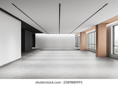 Spacious empty interior with clean walls, large windows, and modern ceiling design. Bright natural light fills the room, creating an open concept. 3D Rendering.