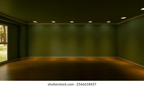 Spacious empty room with dark green walls, a polished wooden floor, and modern recessed lighting. Natural light streams in from a window. Ideal background for interior design mockups.