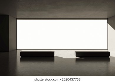 Spacious empty room with a large window, featuring minimalist benches and a sleek modern design, creating a serene and quiescent atmosphere. 3D Rendering
