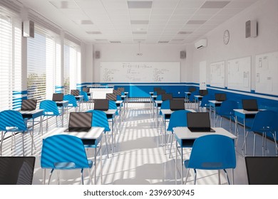 Spacious and Illuminated High-Tech Classroom with Open Laptops on Desks. 3D Illustration - Powered by Shutterstock