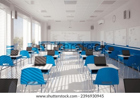 Spacious and Illuminated High-Tech Classroom with Open Laptops on Desks. 3D Illustration