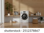 Spacious Laundry Room with Washer and Storage - Practical Interior Design 3D rendering. 3D Illustration