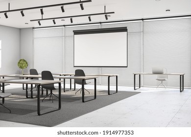 Spacious Lecture Hall With Blank White Screen For Training, Modern Furniture And Marble Floor. Mockup. 3D Rendering