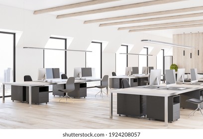 Spacious Modern Coworking Office With Eco Style Furniture, Wooden Floor And Comfortable Workplaces. 3D Rendering