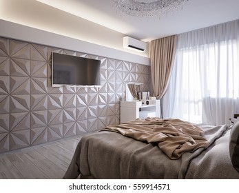 Spacious Modern Master Bedroom With Leather Wall Panels. 3d Render