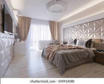 Spacious Modern Master Bedroom With Leather Wall Panels. 3d Render