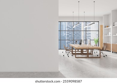 Spacious modern office interior with blank white wall, wooden desks, chairs, large windows, and shelves on a bright, minimalist background. Concept of contemporary workspace. 3D Rendering.
