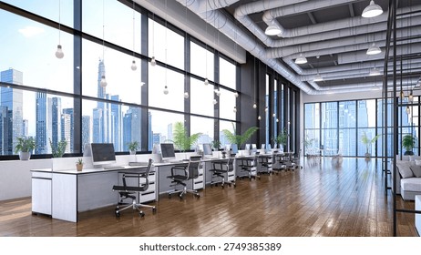 Spacious modern open-plan office with industrial elements, large panoramic windows and minimalist white workstations. 3d illustration